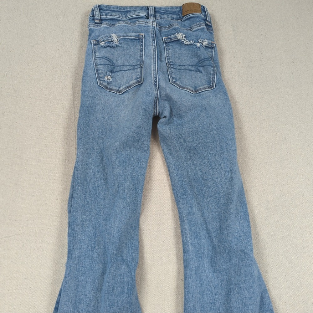 American Eagle Jeans Women 2 Blue Long Super High Rise Flare Stretch Boho Hippie - Picture 14 of 16
